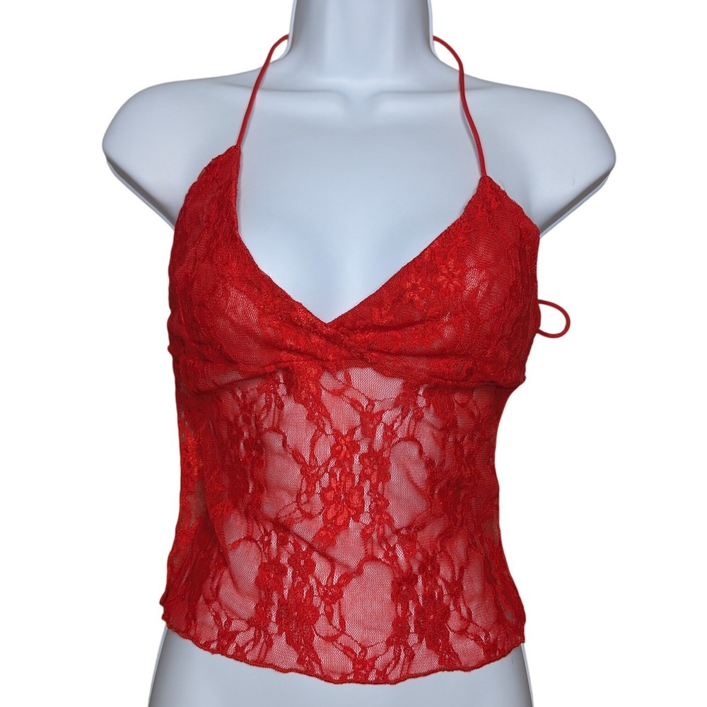 Shein Medium Red Sheer‎ Lace Tie Up Halter Tank Top Backless